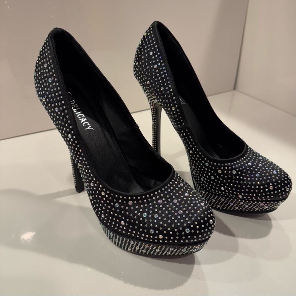 Delicacy Women’s Black Rhinestone Platform Heels